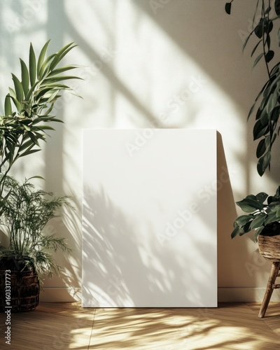 Blank canvas framed by plants in sunlit room