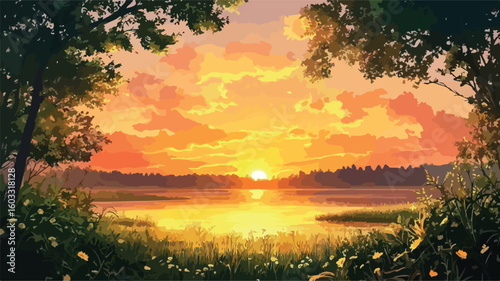 Vibrant sunset landscape painting outdoors