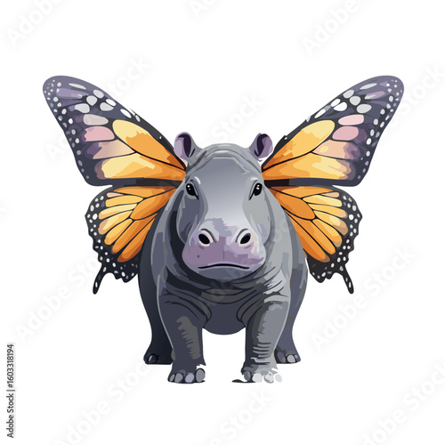 A realism drawing of a hippo with butterfly wings