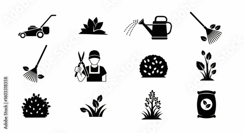 Lawn Care Service Line Icon Set – Weed Control, Trimming, Overseeding, Irrigation, Shrubs, Seasonal Cleanup Vector

