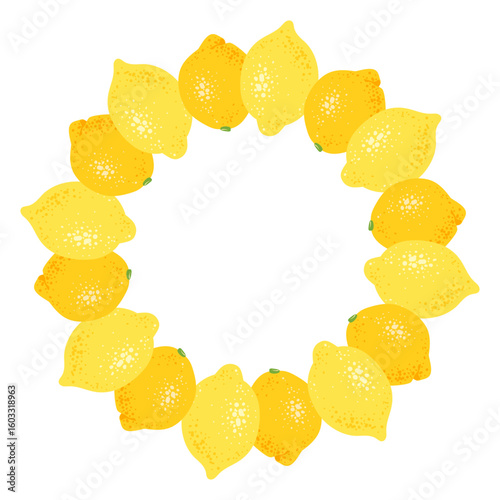 Cute whole lemon circle frame. Summer wreath with fresh ripe yellow citrus fruit. Hand drawn round border. Vector illustration.