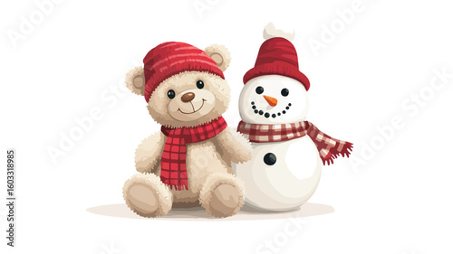 Winter Teddy Bear and Snowman Composition