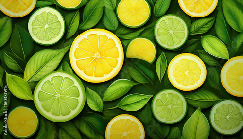 Artistic top-down illustration of lemon and lime slices arranged among vibrant green leaves, creating a fresh, citrus-themed seamless pattern perfect for summer or tropical designs.