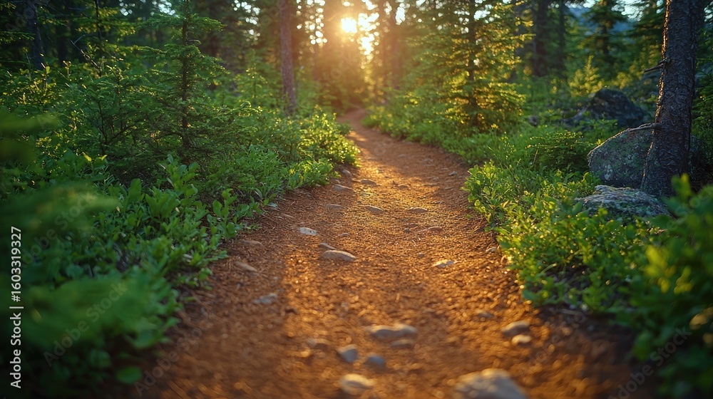 Obraz premium Trail winds through a forest, sunset shining through