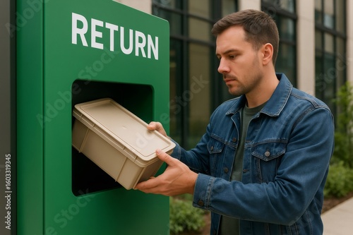 Customer returning reusable packaging to a designated drop off point, supporting sustainable practices and circular economy initiatives