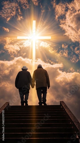Old couple walking upstairs among clouds in the sky to the shining cross symbolizing heaven or Christian paradise. Life end and time passing concept