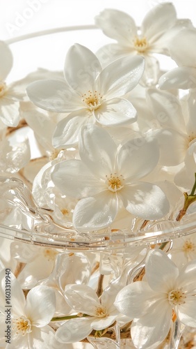 Close up of white flowers with yellow centers in a clear glass vase under bright lighting conditions