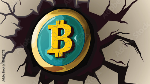 A colorful illustration featuring a Bitcoin icon emerging from cracks, symbolizing the resilience and power of blockchain and cryptocurrency amidst challenges and opportunities.