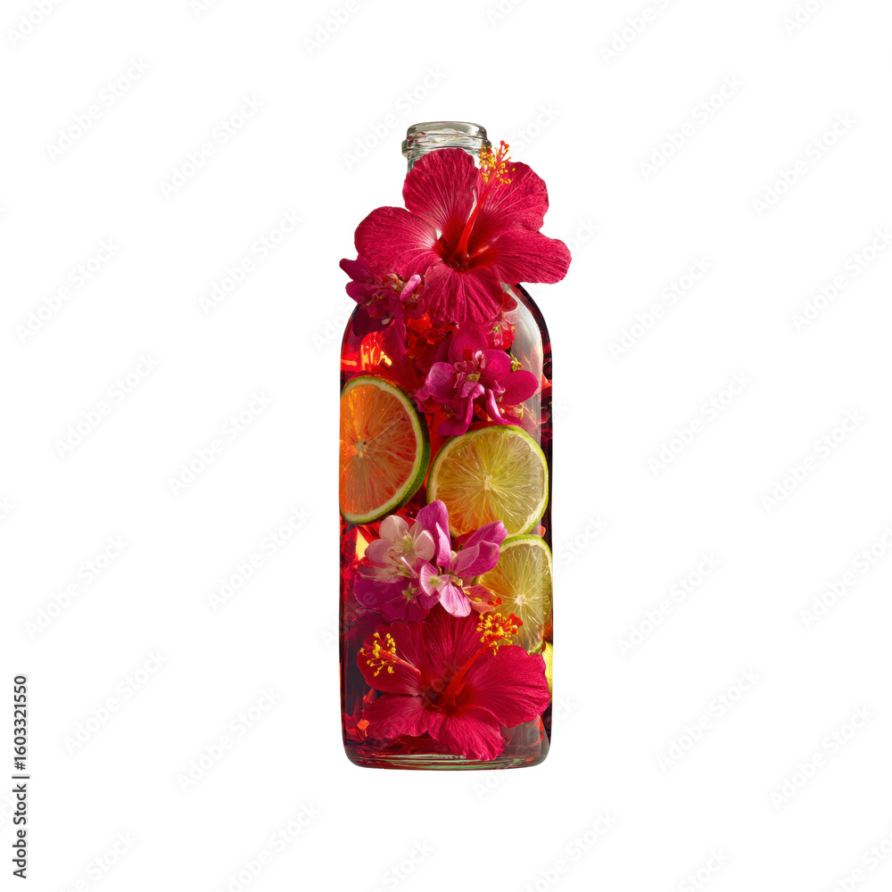 Obraz premium Vibrant Hibiscus and Citrus Infused Water in Glass Bottle