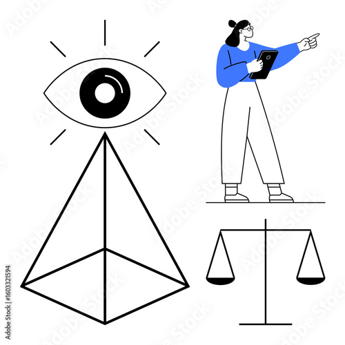 Eye above pyramid, person holding tablet pointing outward, balanced scales symbolizing vision, decision-making, justice. Ideal for leadership, strategy, equality, balance ethics analysis simple