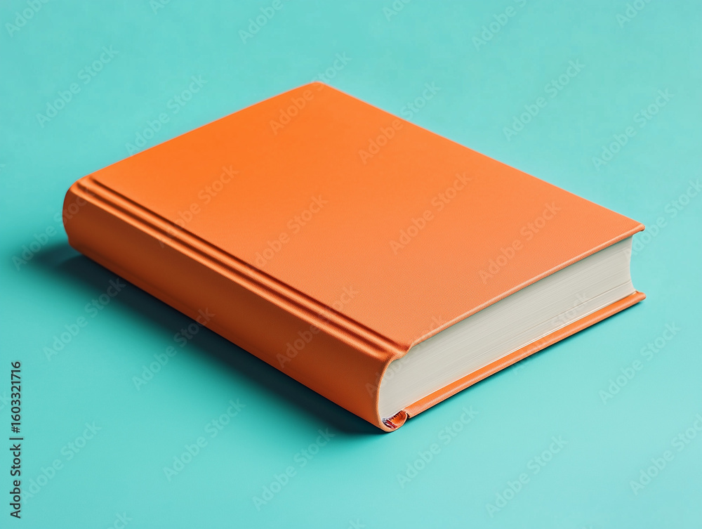 A closed hardcover book with an orange cover on pastel teal background A closed hardcover book with an orange cover on pastel teal background