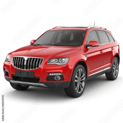 A modern red car showcased in a studio shot with a white background