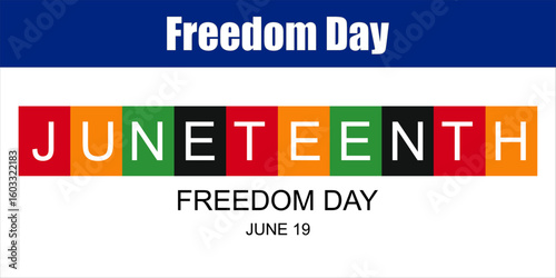 Animated Juneteenth Freedom Day Banner with Colorful Block Letters. Celebratory Juneteenth banner with bold colors, animated typography, and commemorative June 19 message.
