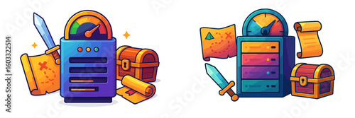 Digital treasure map adventure with treasure chests and swords during a playful fantasy setting