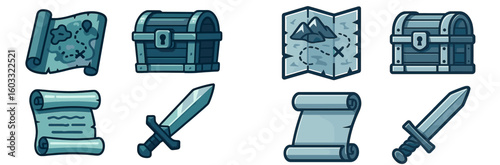Treasure maps and chests with swords represent adventure and exploration in a fantasy setting