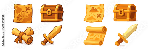 Treasure hunt items featuring maps, chests, and swords in a playful design for adventure games and storytelling