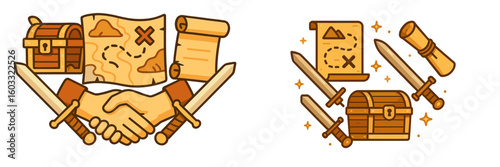Treasure maps and swords signify adventure and exploration in a whimsical design featuring a treasure chest