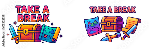 Creative illustration of treasure chests and swords encouraging relaxation and adventure in gaming settings