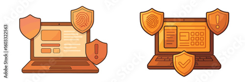 Digital security icons showcase protective shields and authentication symbols on laptop screens to represent online safety measures