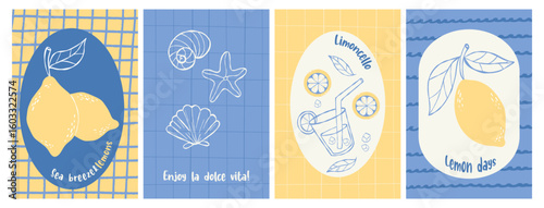 Mediterranean Posters set. Retro summer lemon, limoncello cocktail and seashells. la dolce vita aesthetic Hand drawing. Isolated Vintage vertical yellow blue cards. Vector illustration. Not AI