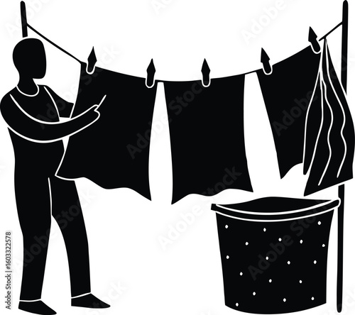 Laundry Day Flat Scene Silhouette | Washing Clothes Household Scene Silhouette