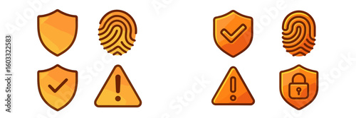 Designs of security icons featuring shields, fingerprint, check marks, exclamation marks, and locks on a simple background