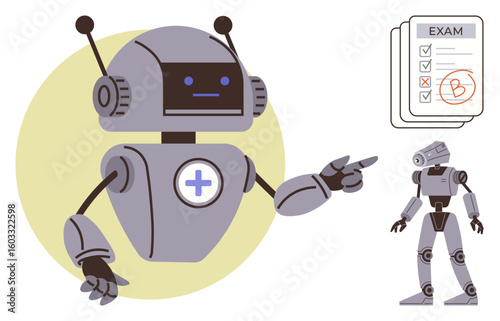 Robot with antenna and medical cross pointing to an exam result sheet featuring a grade B. Smaller robot stands nearby. Ideal for education, AI integration, innovation, assessments, robotics
