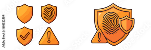 Various security icons featuring shields, a fingerprint, and warning signs showcasing safety measures and identity protection
