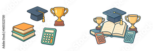 Celebrating academic achievements with trophies, books, and graduation caps during a study session