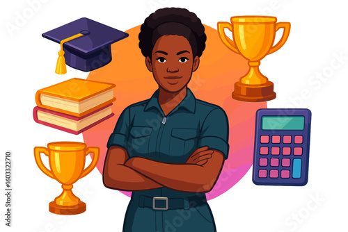 Young student stands confidently with trophies, books, and a calculator showcasing achievement and academic success