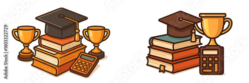 Collection of educational symbols including books, a calculator, and trophies showcasing academic achievement and success