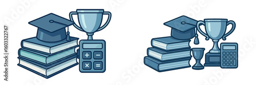 Graduation achievements with books, trophies, and calculator in a learning environment