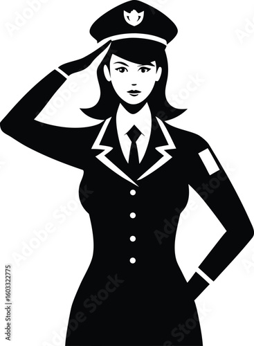Professional female police officer in uniform saluting with respect and honor a symbol of authority and law enforcement isolated on transparent background