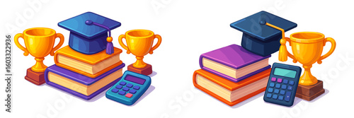 Graduation celebration with books, trophies, and a calculator representing academic achievement and success in education