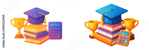 Graduation celebration with books, trophies, and calculators showcasing academic achievements