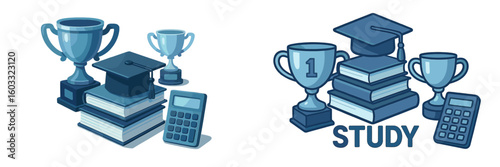 Winning achievements displayed with books and study materials representing education and success in a learning environment