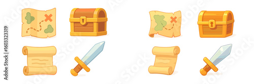 Treasure map and chest icons illustrating a pirate adventure on a quest to find hidden riches