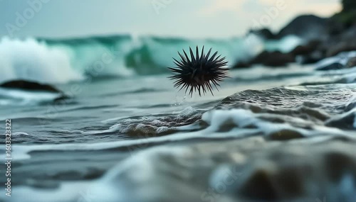 Sea urchin jumping with wave force