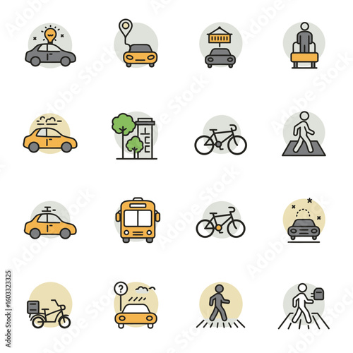 Transportation and Pedestrian Safety Icons in Black and White Line Art