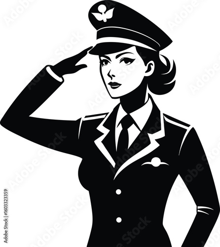 Stylish woman in a pilot uniform and cap saluting with a confident expression presented as a striking black and white illustration isolated on transparent background