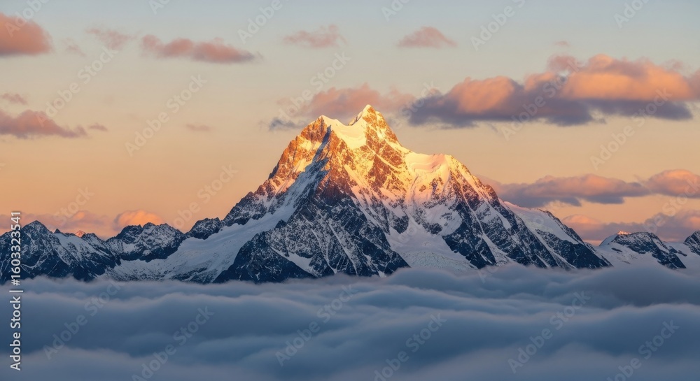 Obraz premium A majestic snow covered mountain peak rising above a sea of clouds during a colorful sunset glow