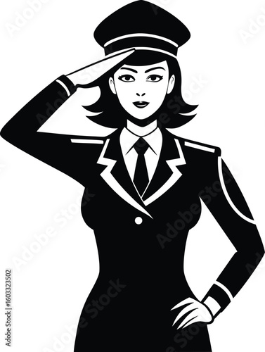 A stylized black and white illustration of a woman in a military style uniform saluting smartly with her right hand raised to her cap isolated on transparent background