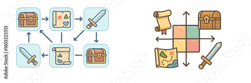 Creative visual representation of a treasure hunt strategy map with swords and treasure chests