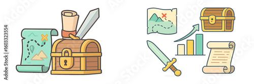 Treasure map and chest design featuring a sword and documents showcasing adventure elements and exploration themes