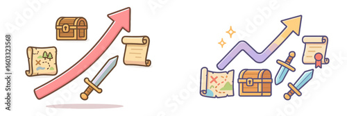 Adventure quests with treasure maps, swords, and chests illustrate growth and success in exploration activities
