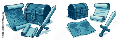 Treasure maps and chests with swords create an adventurous atmosphere for explorers in a fantasy setting