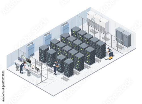 Technicians monitoring and maintaining high performance server infrastructure inside a secure data center facility with modern air cooling systems