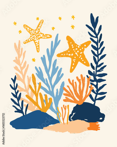 Colorful Starfish and Coral Reef Illustration Hand-Drawn Marine Life Vector on Cream Background