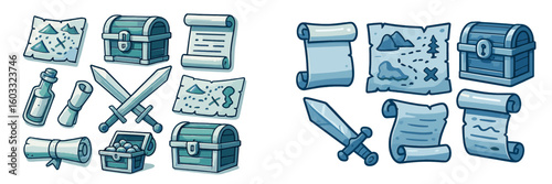 Illustrative collection of treasure maps, chests, and swords in a whimsical style for adventure themes