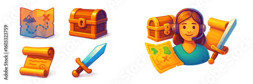 Fun treasure hunt decorations for a gaming party featuring maps, swords, and treasures